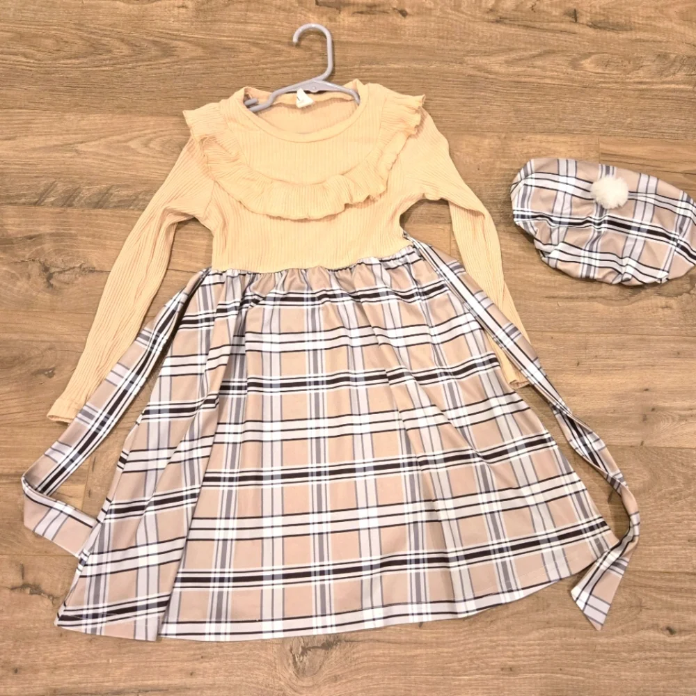 Girls Chic Preppy Retro Ruffle‎ Plaid Dress And Beret Outfit Size 6 EUC